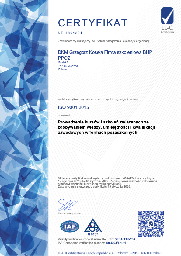 Certfyfikat ISO 9001 - DKM Szkolenia